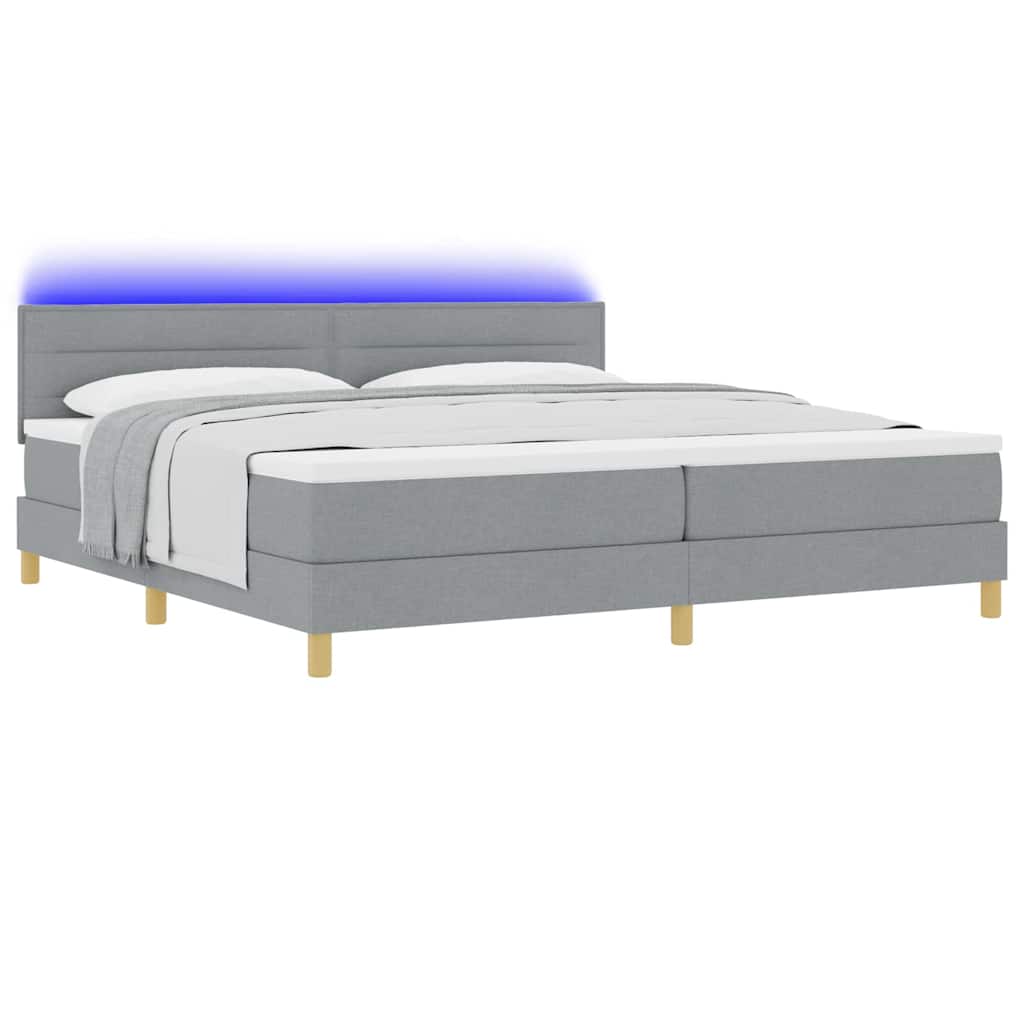 LED Box Spring Bed med hovedgærde Lysegrå 200 x 200 cm Stof