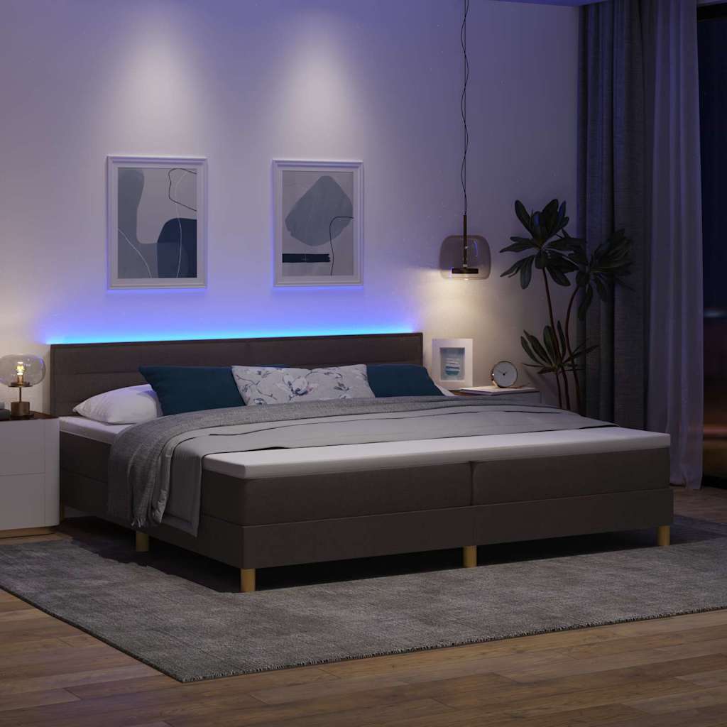 LED Box Spring Bed med hovedgærde Mørk Brun 200 x 200 cm Stof
