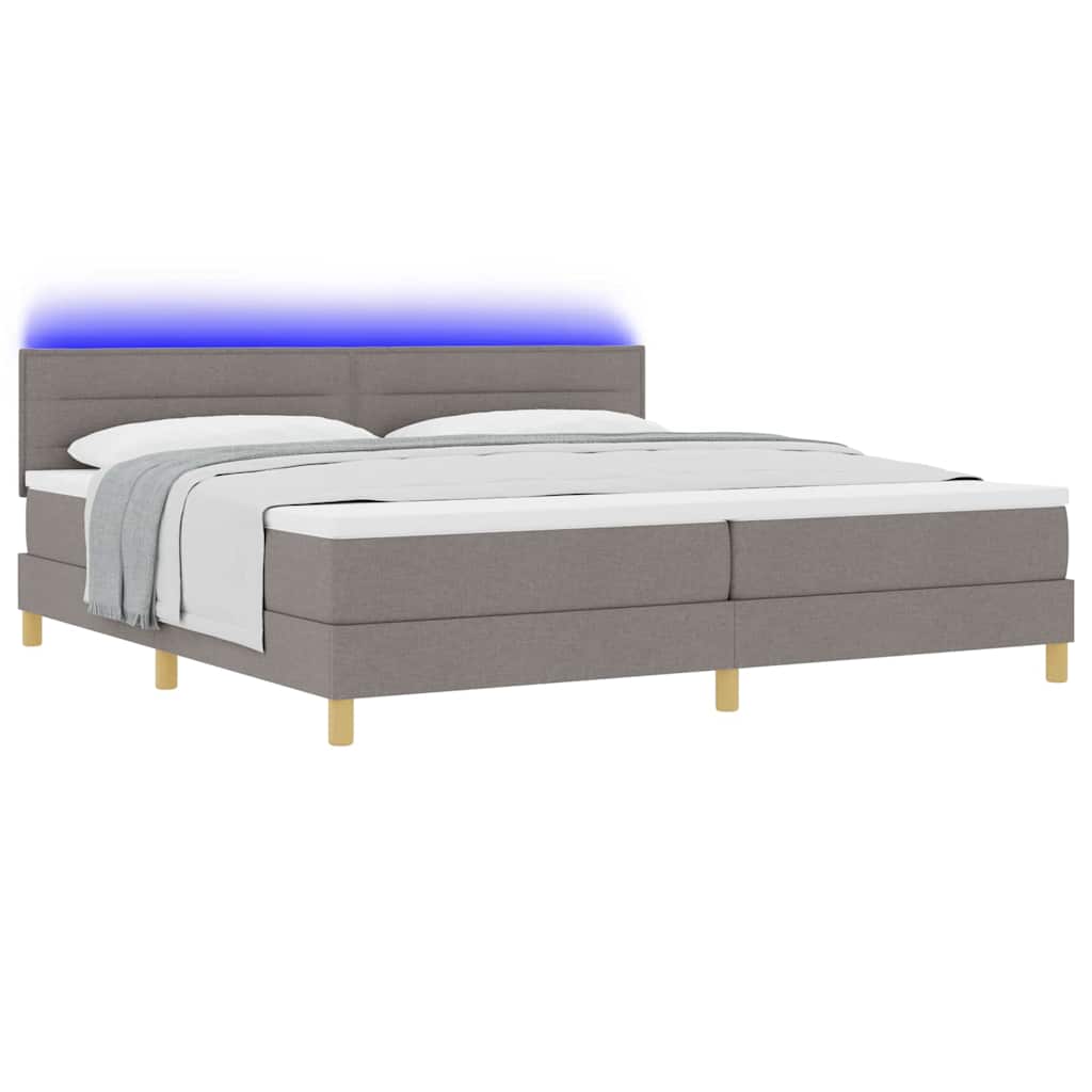 LED Box Spring Bed med hovedgærde Gråbrun 200 x 200 cm Stof