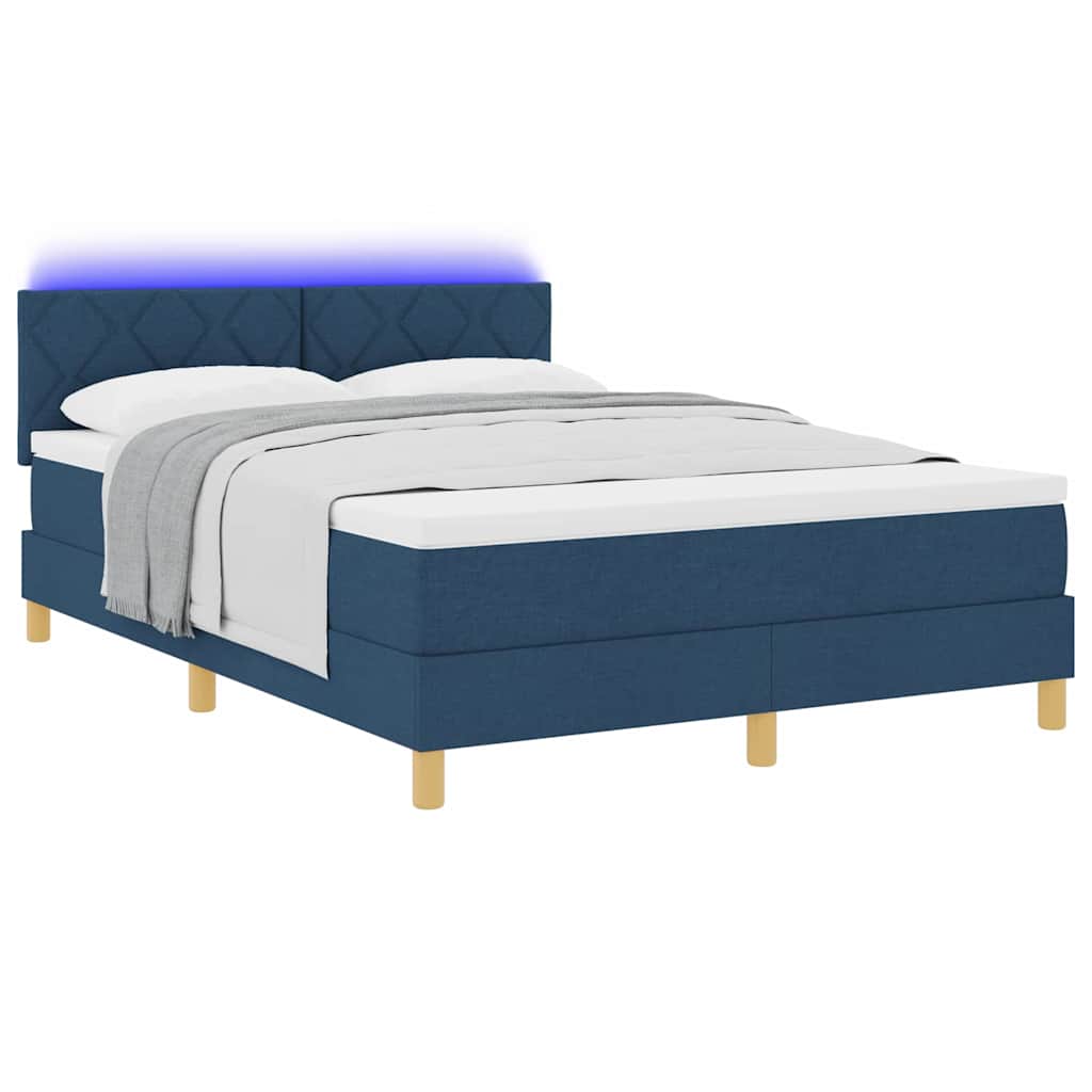 LED Box Spring Bed med LED-lysstrimler Blå 140 x 190 cm Stof