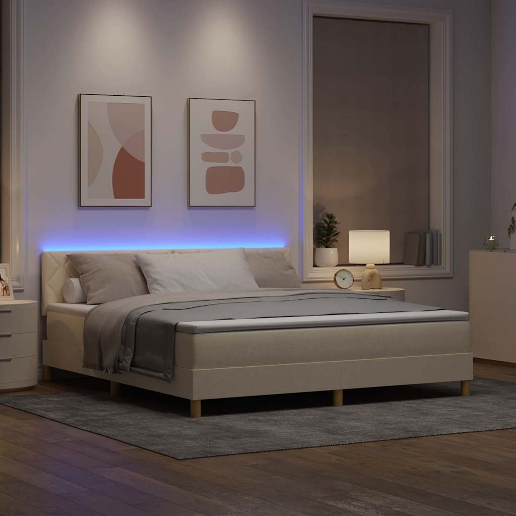 LED Box Spring Bed med LED-lysstrimler Creme 180 x 200 cm Stof