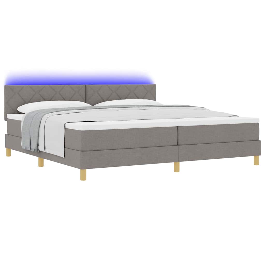 LED Box Spring Bed med hovedgærde Gråbrun 200 x 200 cm Stof