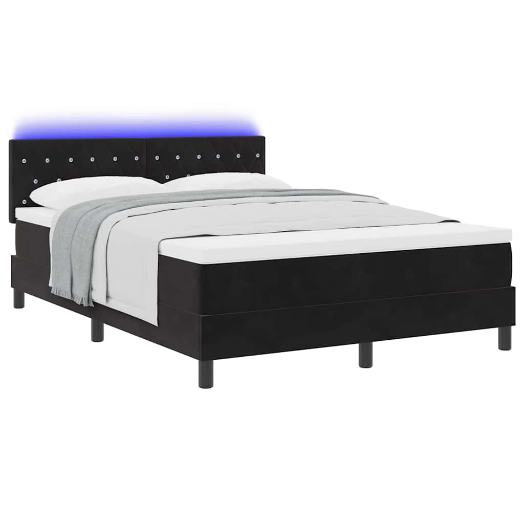 LED Box Spring Bed med madras med LED Sort 140 x 190 cm Fløjl