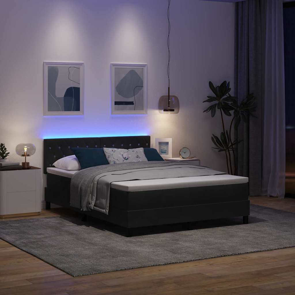 LED Box Spring Bed med madras med LED Sort 160 x 200 cm Fløjl