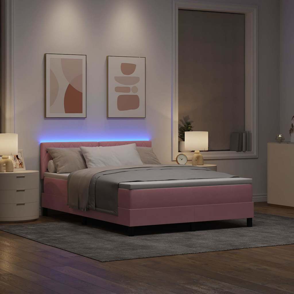 LED Box Spring Bed med madras Lyserød 160 x 200 cm Fløjl