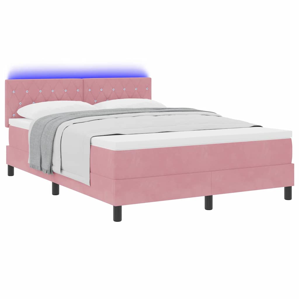 LED Box Spring Bed med madras Lyserød 160 x 200 cm Fløjl