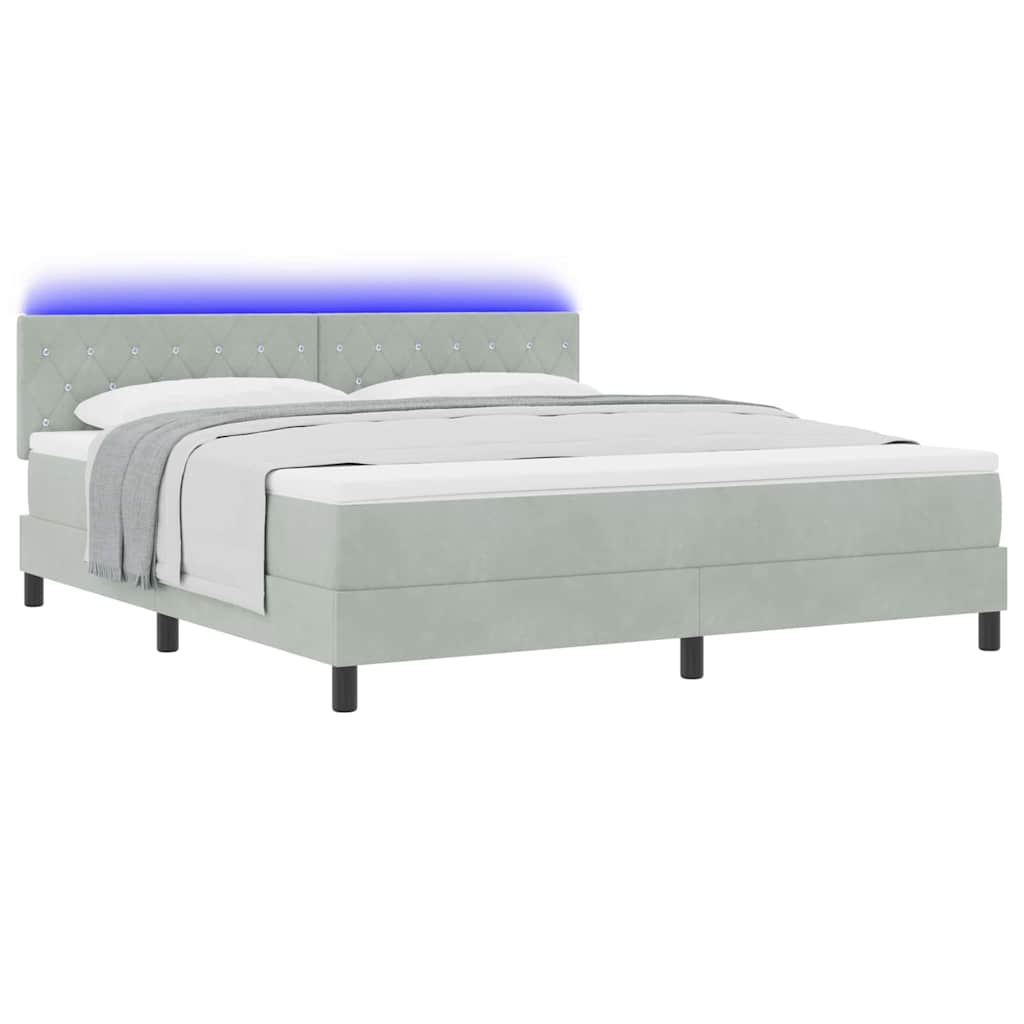 LED Box Spring Bed med madras Lysegrå 180 x 200 cm Fløjl