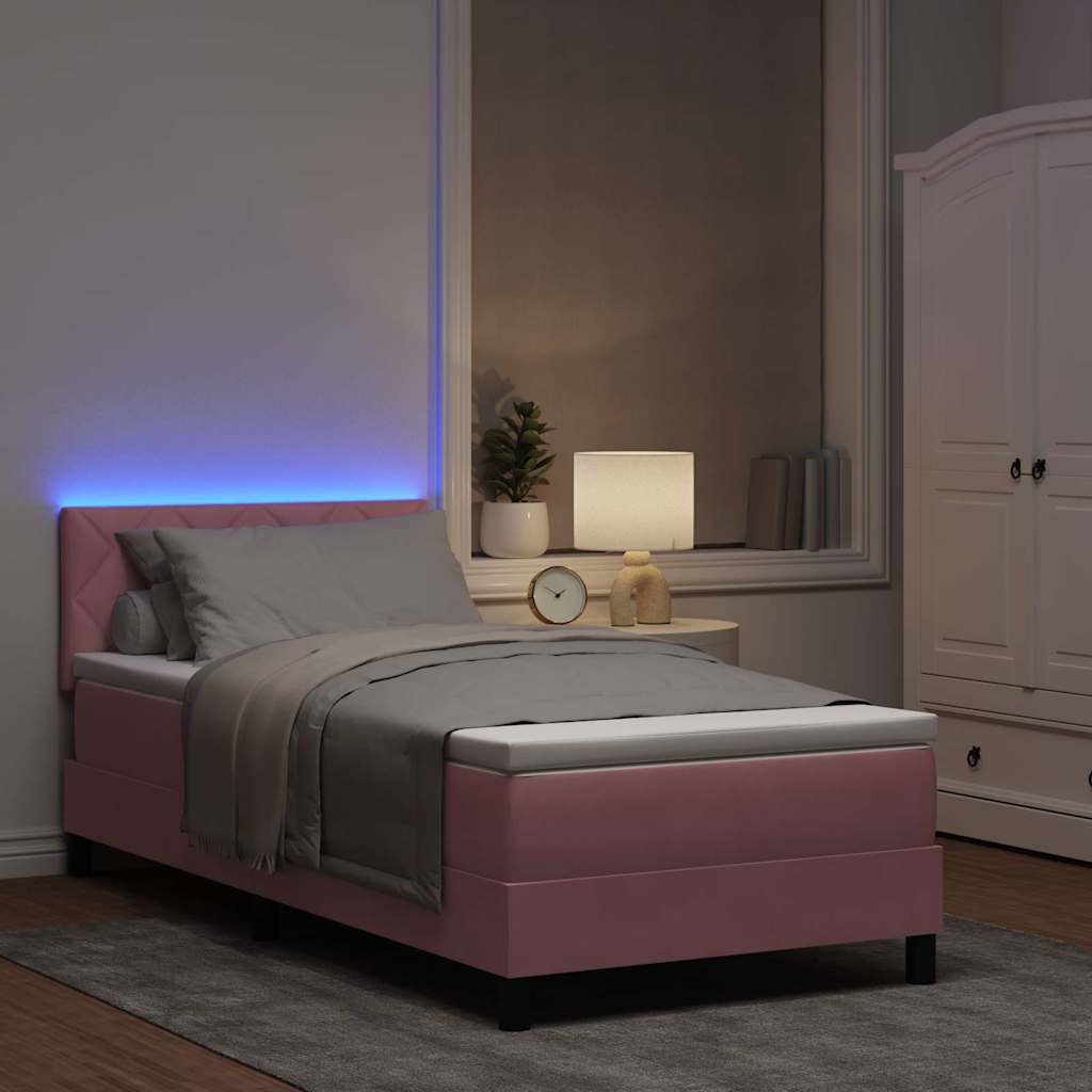 LED Box Spring Bed med hovedgærde Lyserød 90 x 190 cm Fløjl