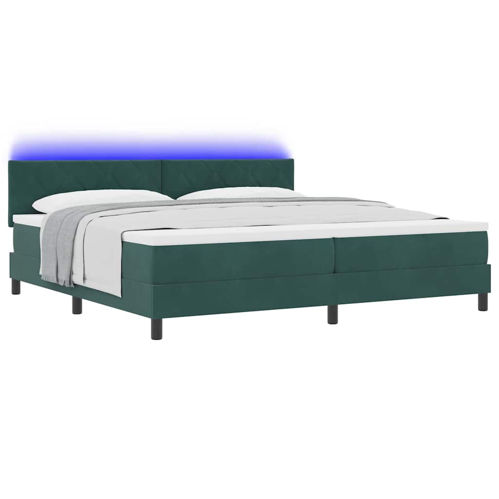 LED Box Spring Bed med hovedgærde Mørkegrøn 200 x 200 cm Fløjl