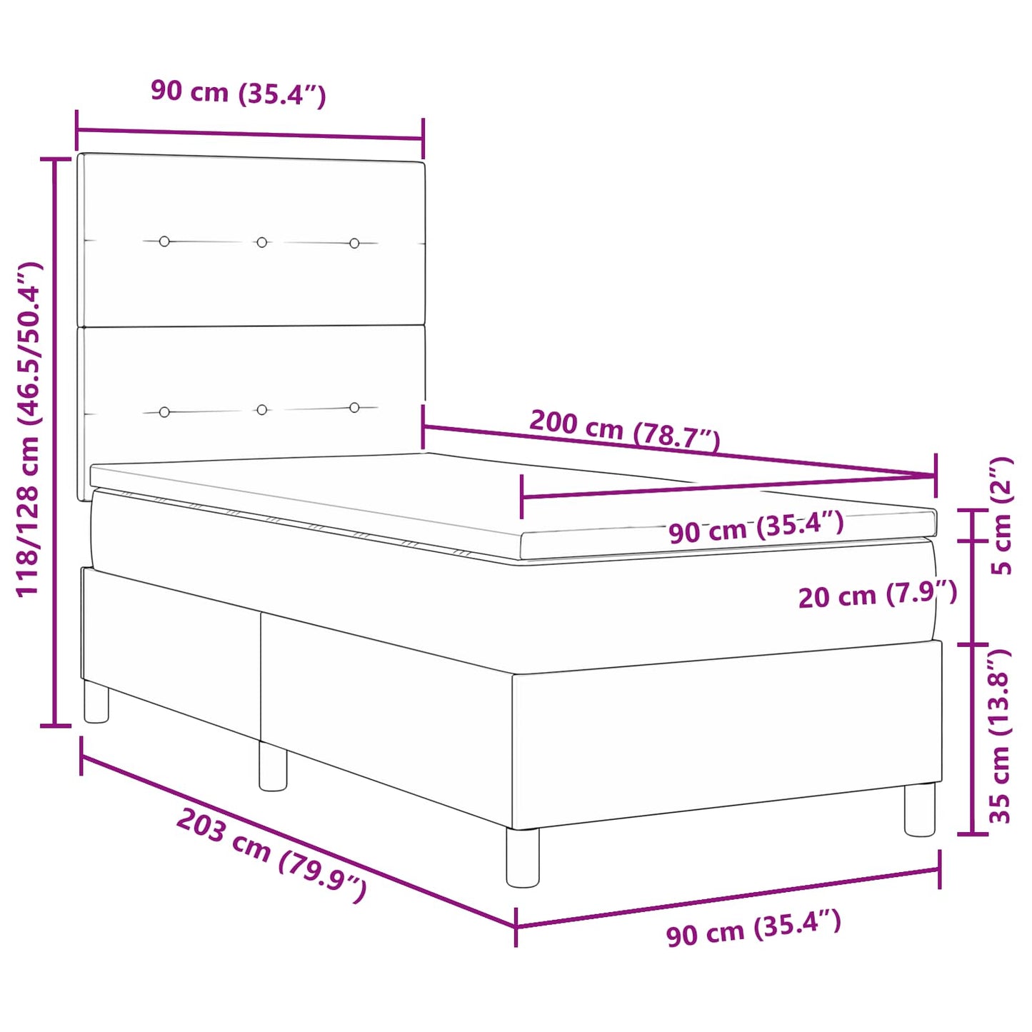 Box spring seng med LED-lysstrimler Mørkegrå 90 x 200 cm Stof