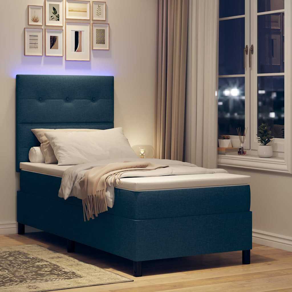 Box spring seng med LED-lysstrimler Blå 90 x 200 cm Stof