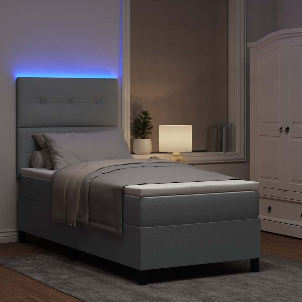 Box spring seng med LED-lysstrimler Lysegrå 100 x 200 cm Stof