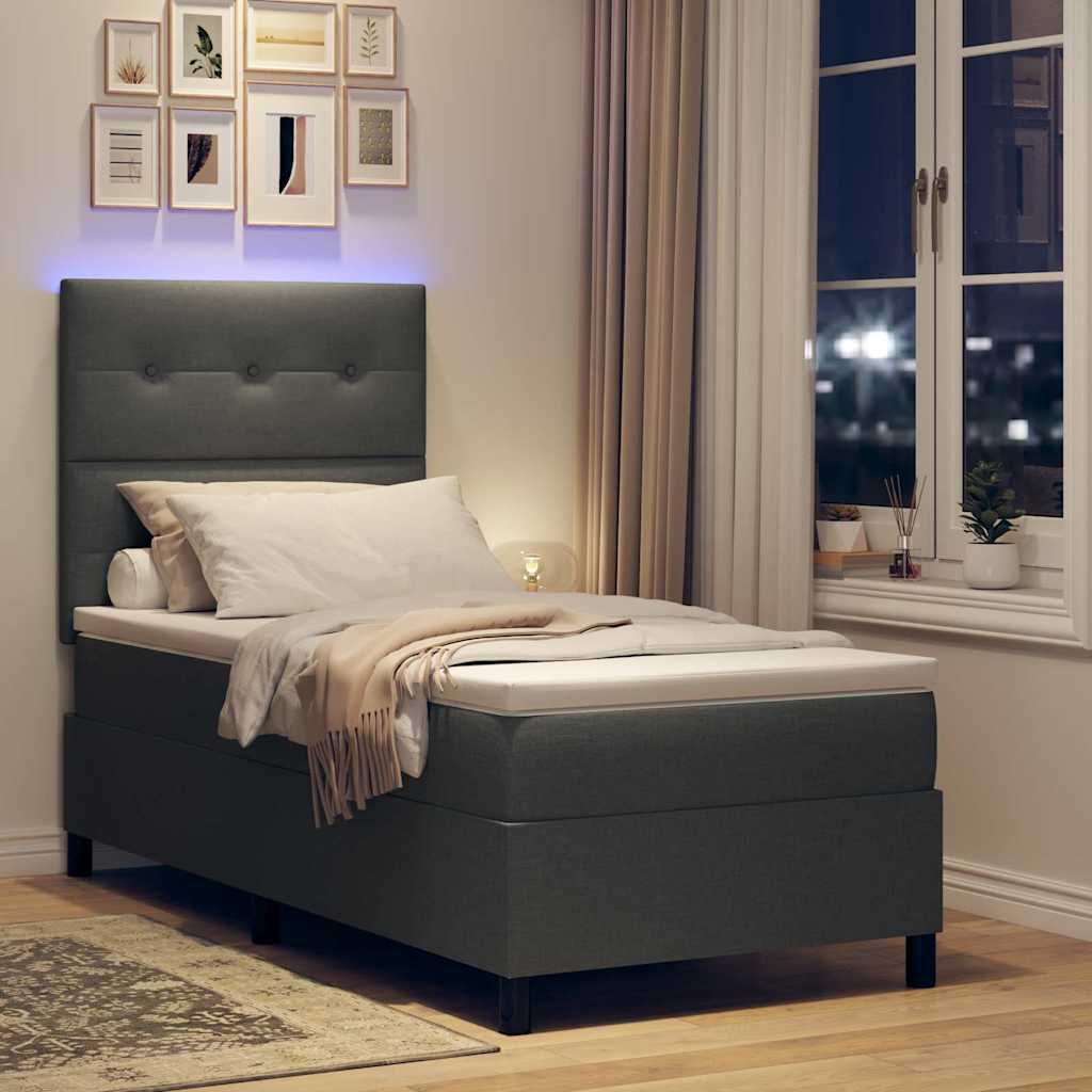 Box spring seng med LED-lysstrimler Mørkegrå 100 x 200 cm Stof