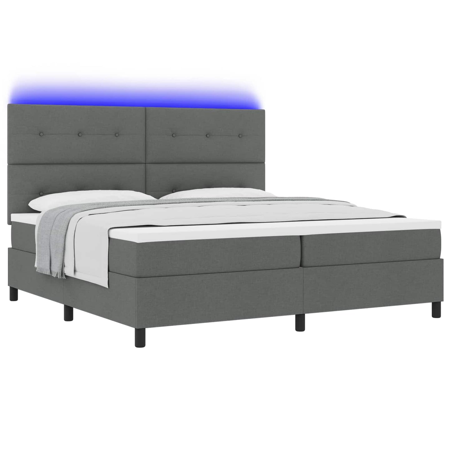 Box spring seng med LED-lysstrimler Mørkegrå 200 x 200 cm Stof