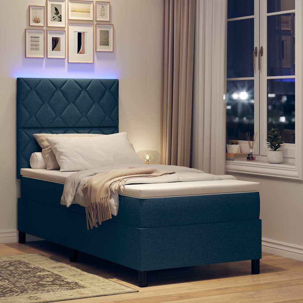 Box spring seng med LED-lysstrimler Blå 90 x 190 cm Stof