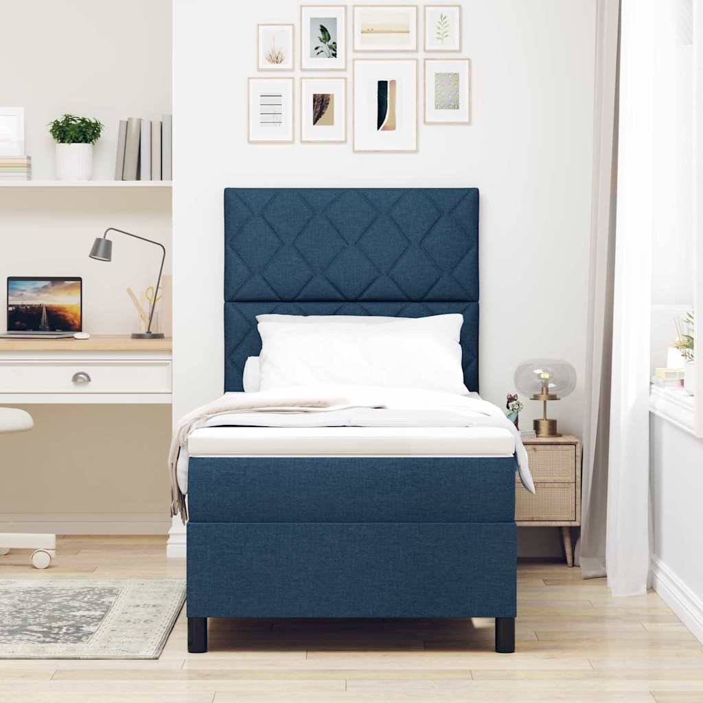 Box spring seng med LED-lysstrimler Blå 90 x 190 cm Stof