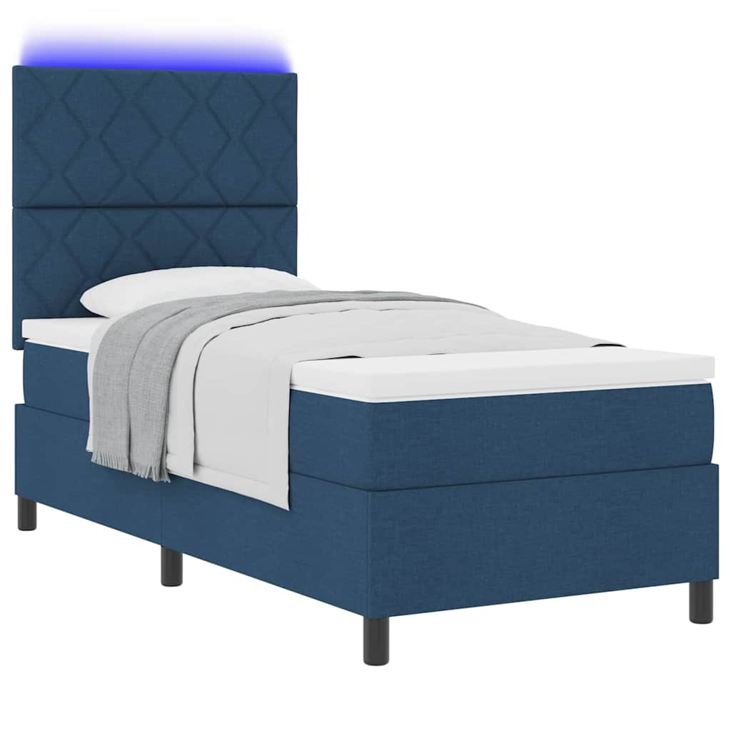 Box spring seng med LED-lysstrimler Blå 90 x 190 cm Stof