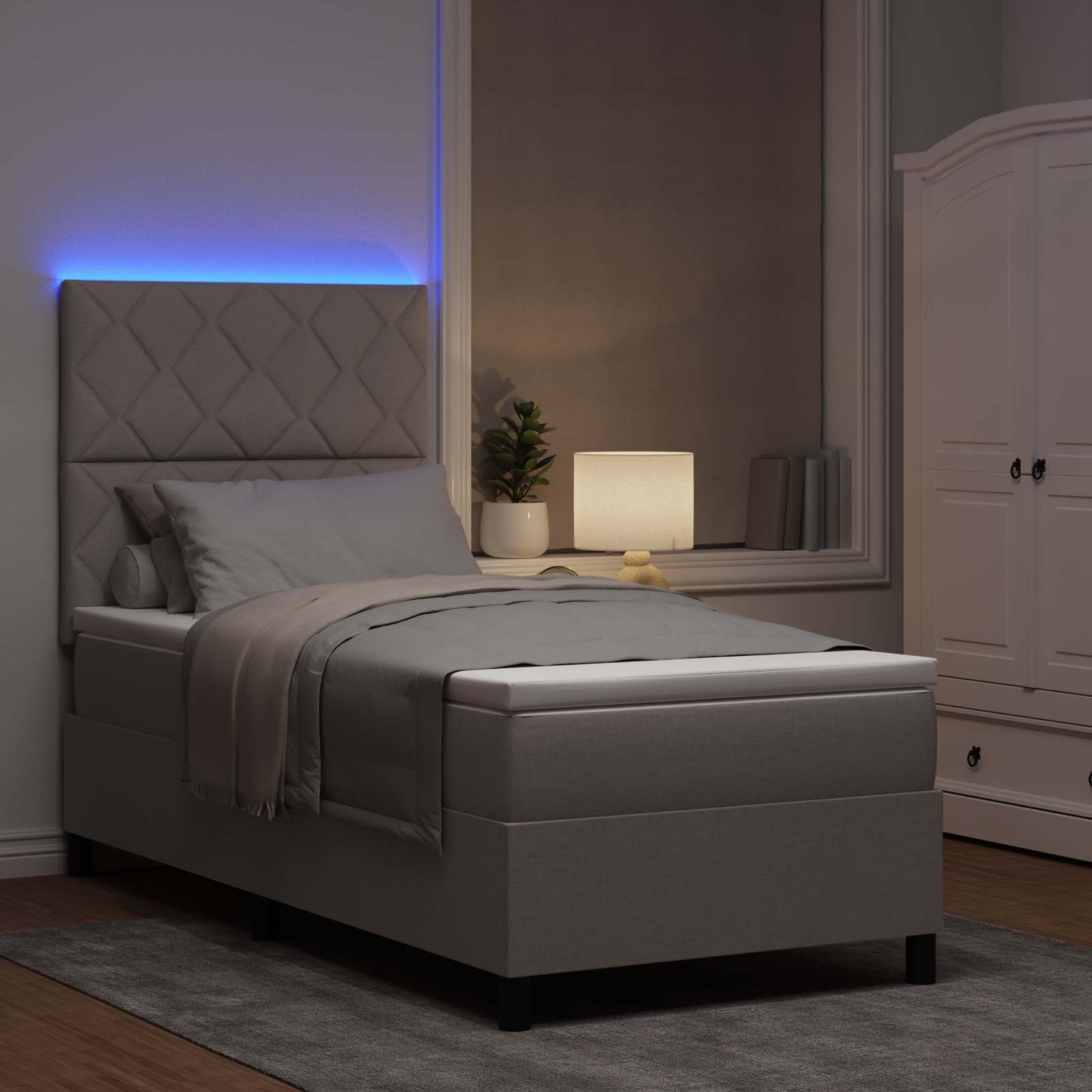 Box spring seng med LED-lysstrimler Gråbrun 100 x 200 cm Stof