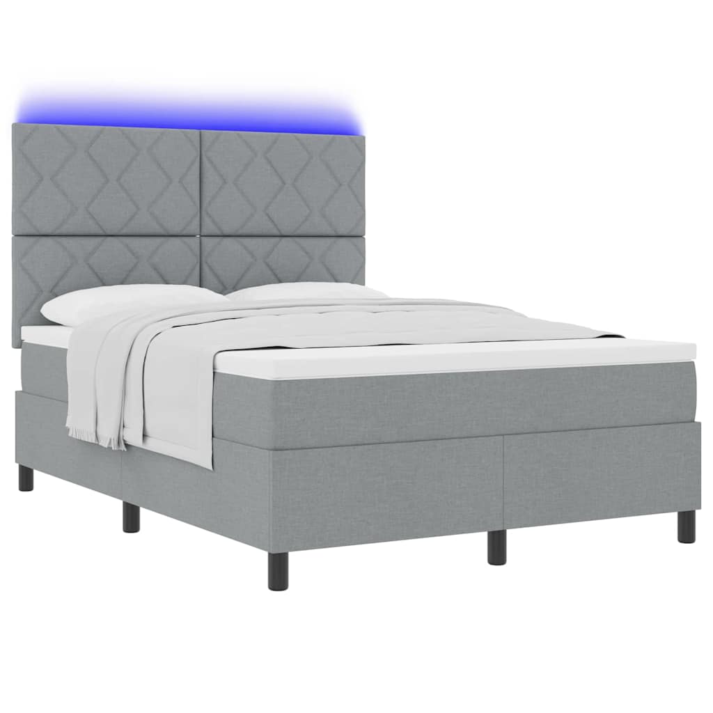 Box spring seng med LED-lysstrimler Lysegrå 140 x 190 cm Stof