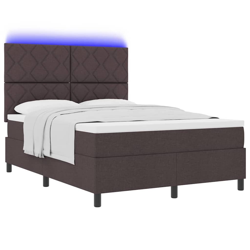 Box spring seng med LED-lysstrimler Mørkebrun 140 x 200 cm Stof