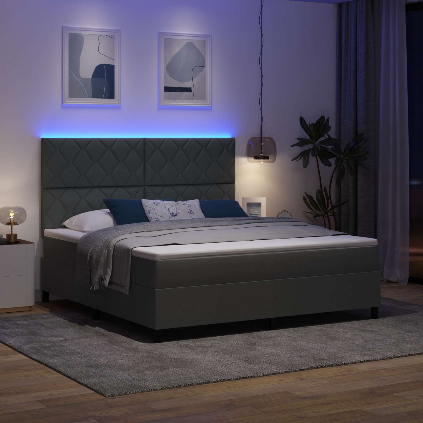 Box spring seng med LED-lysstrimler Mørkegrå 180 x 200 cm Stof