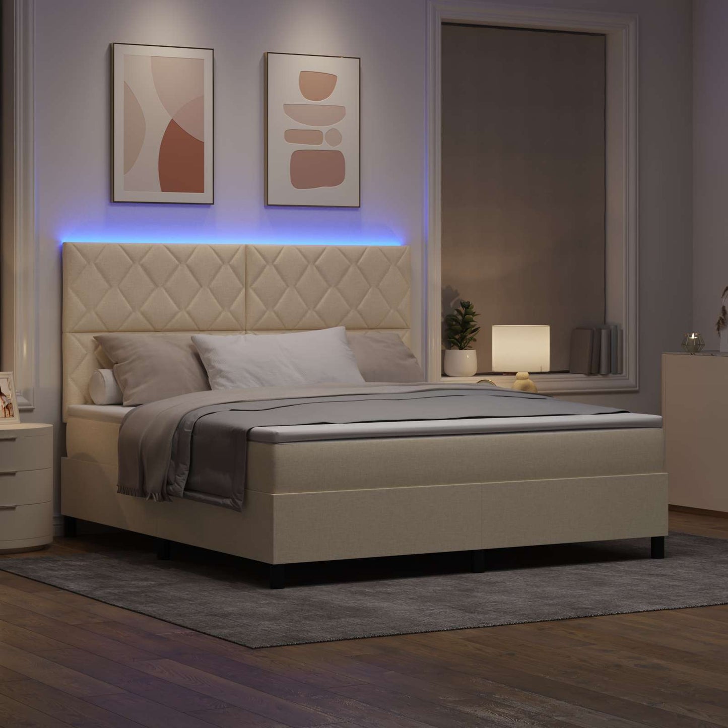 Box spring seng med LED-lysstrimler Creme 180 x 200 cm Stof