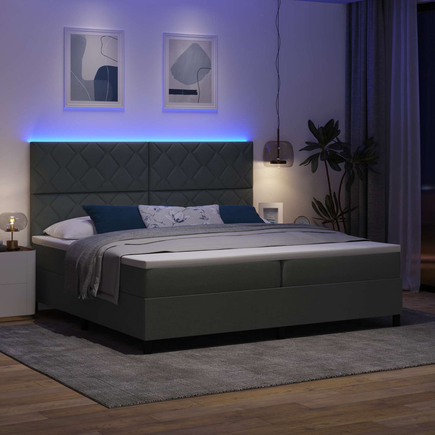 Box spring seng med LED-lysstrimler Mørkegrå 200 x 200 cm Stof