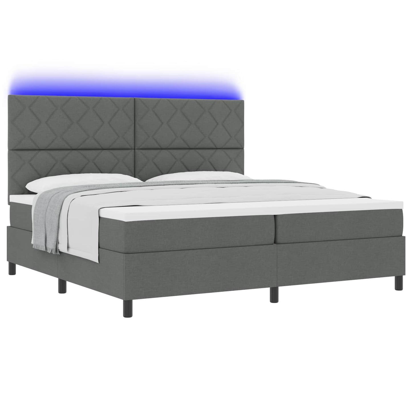 Box spring seng med LED-lysstrimler Mørkegrå 200 x 200 cm Stof