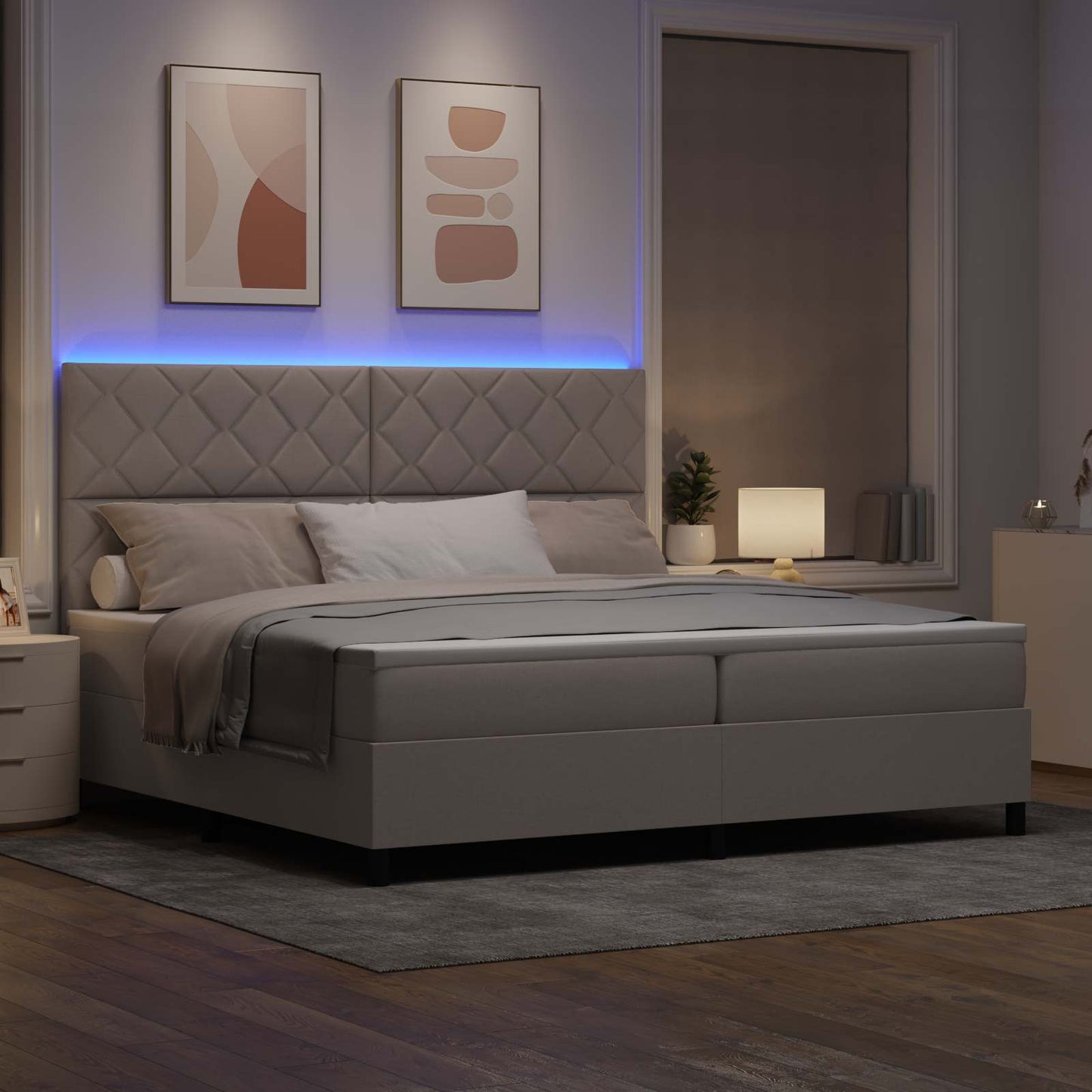Box spring seng med LED-lysstrimler Gråbrun 200 x 200 cm Stof