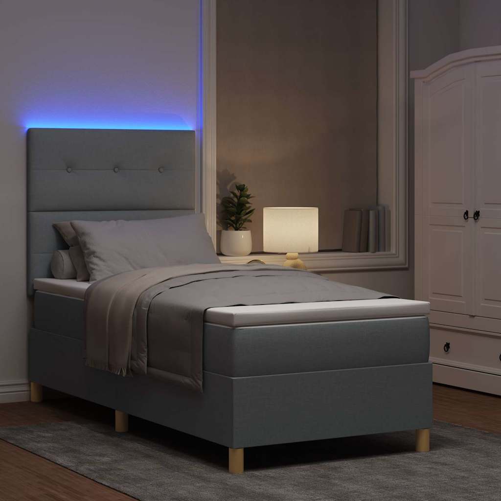 LED Box Spring Bed med hovedgærde Lysegrå 100 x 200 cm Stof