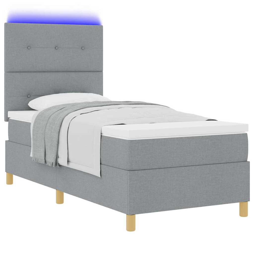 LED Box Spring Bed med hovedgærde Lysegrå 100 x 200 cm Stof