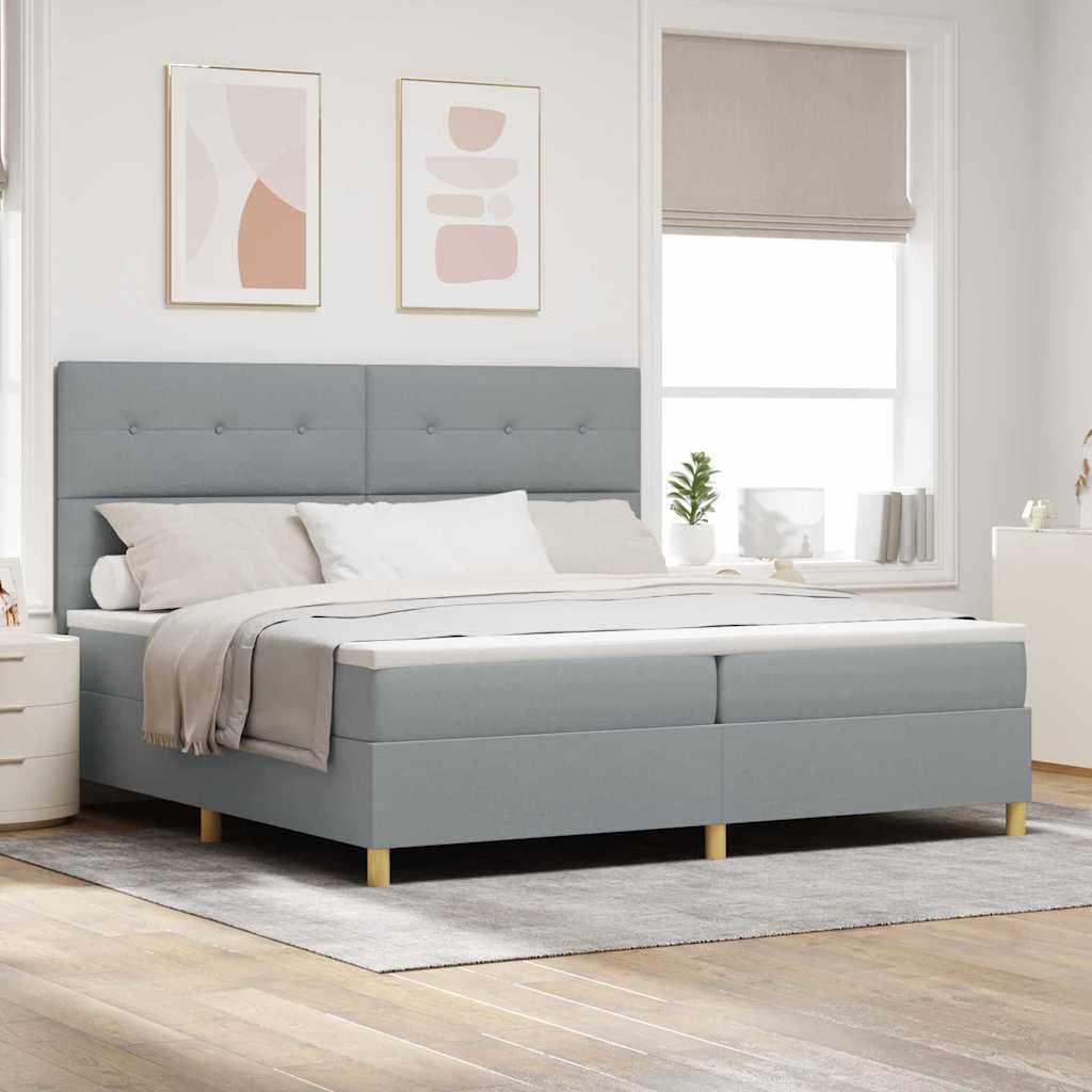 LED Box Spring Bed med hovedgærde Lysegrå 200 x 200 cm Stof
