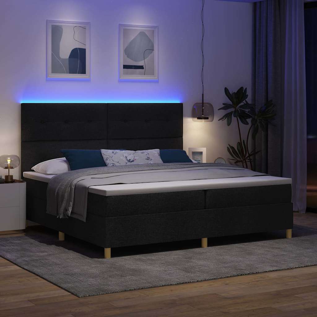 LED Box Spring Bed med hovedgærde Sort 200 x 200 cm Stof