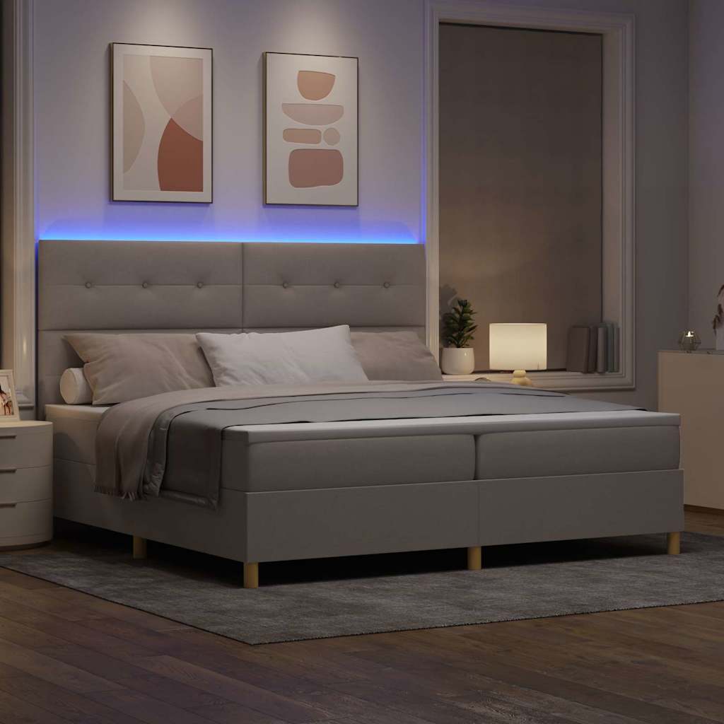 LED Box Spring Bed med hovedgærde Gråbrun 200 x 200 cm Stof