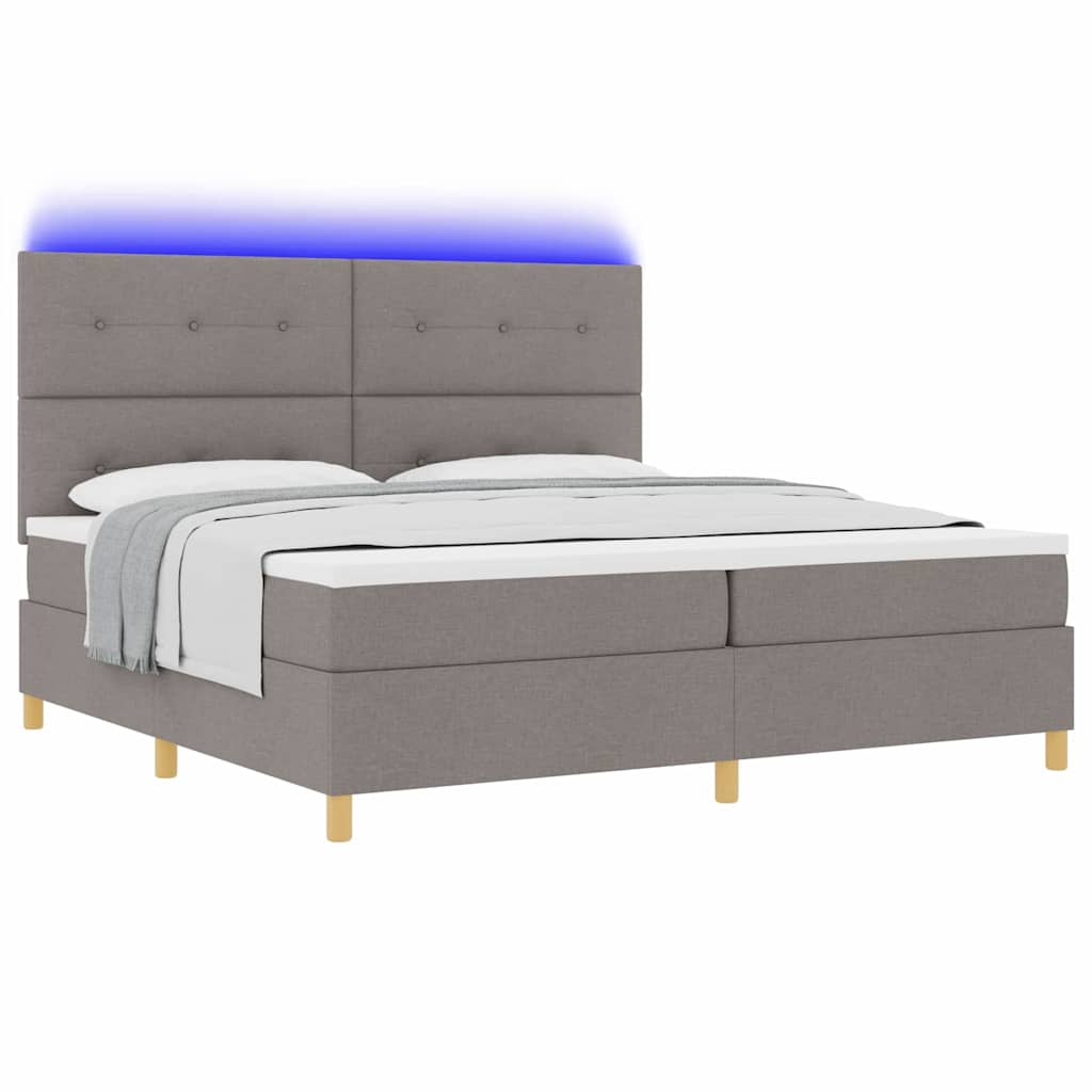 LED Box Spring Bed med hovedgærde Gråbrun 200 x 200 cm Stof