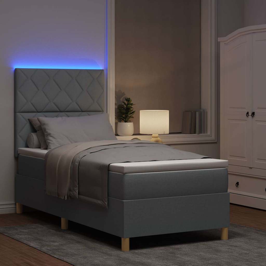 LED Box Spring Bed med hovedgærde Lysegrå 90 x 190 cm Stof