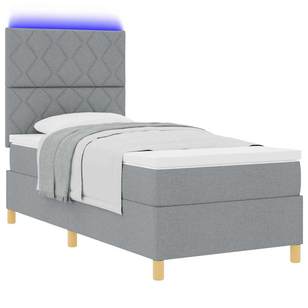 LED Box Spring Bed med hovedgærde Lysegrå 90 x 190 cm Stof