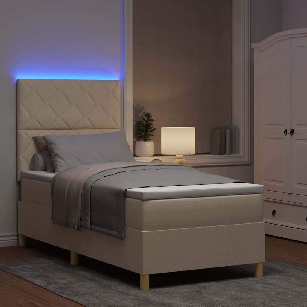 LED Box Spring Bed med hovedgærde Creme 90 x 190 cm Stof