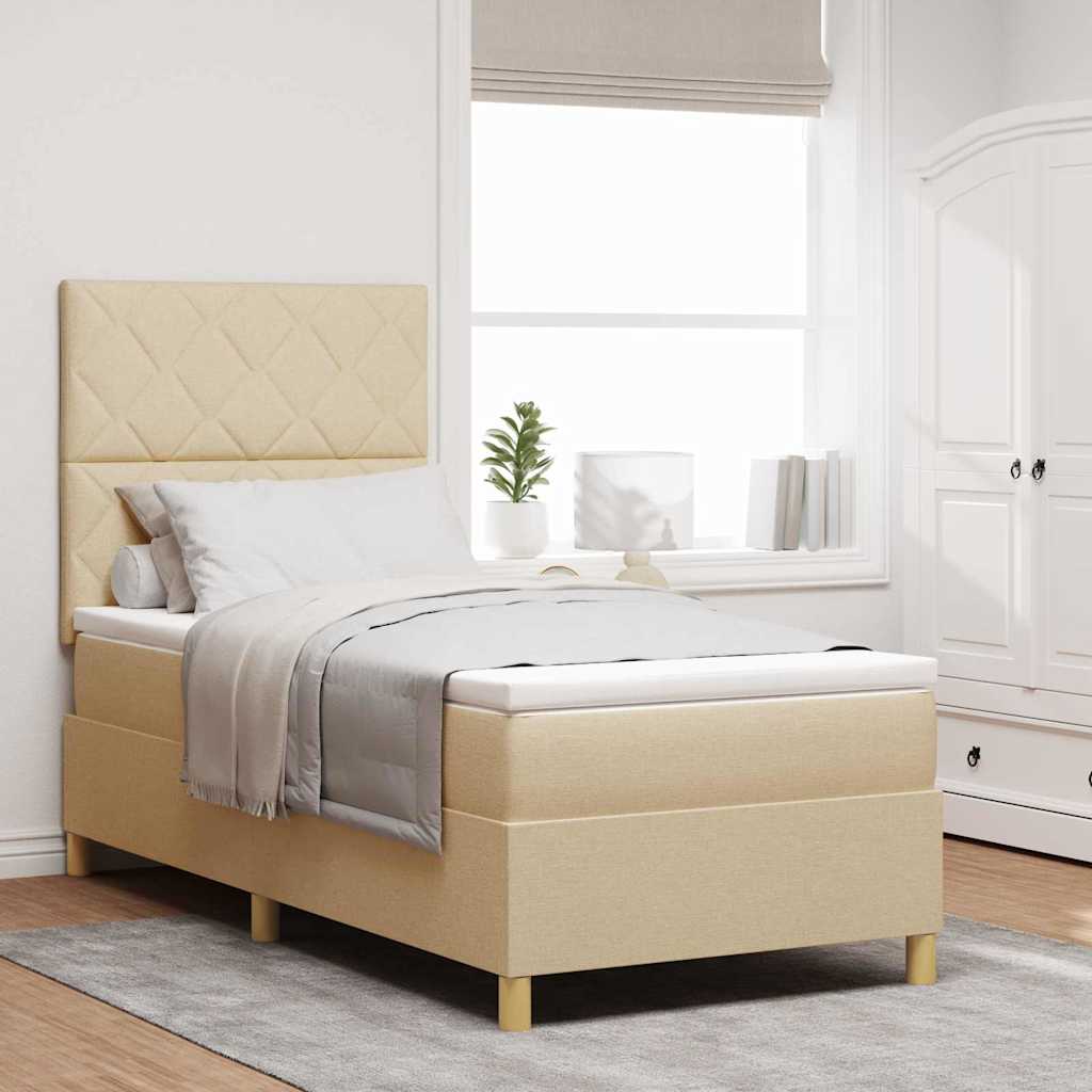LED Box Spring Bed med hovedgærde Creme 90 x 190 cm Stof