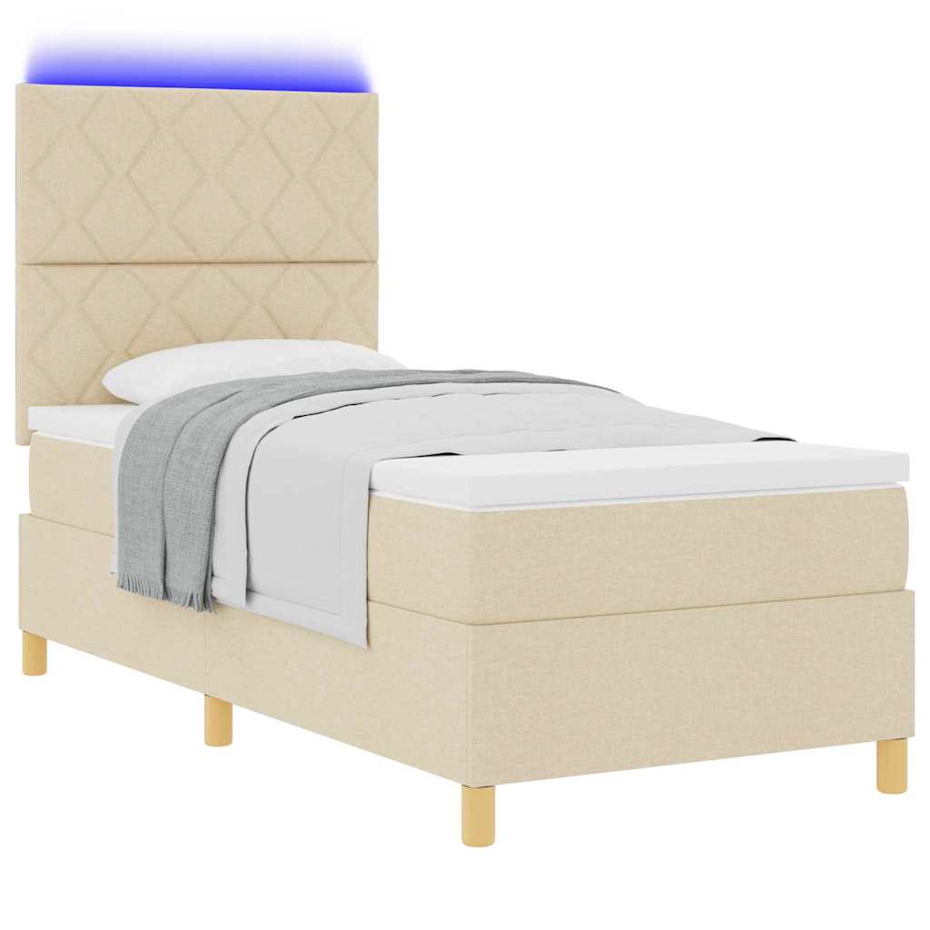LED Box Spring Bed med hovedgærde Creme 90 x 190 cm Stof