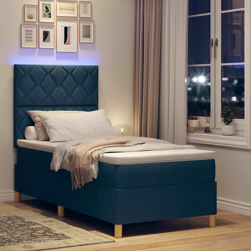 LED Box Spring Bed med hovedgærde Blå 90 x 190 cm Stof