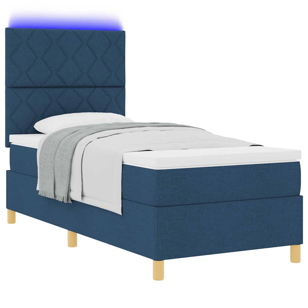 LED Box Spring Bed med hovedgærde Blå 90 x 190 cm Stof