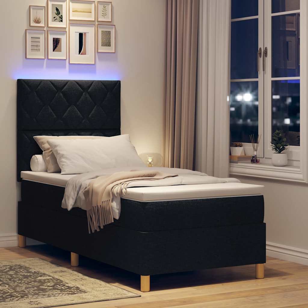 LED Box Spring Bed med hovedgærde Sort 90 x 200 cm Stof