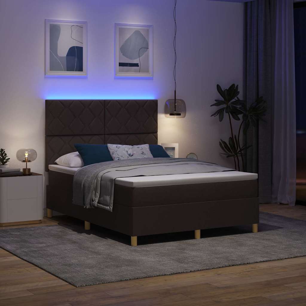 LED Box Spring Bed med madras Mørk Brun 140 x 190 cm Stof
