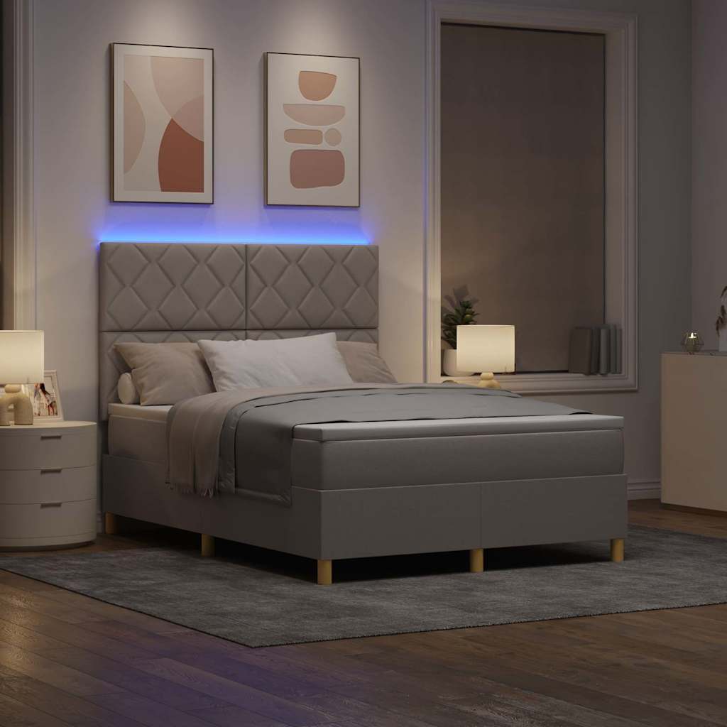 LED Box Spring Bed med hovedgærde Gråbrun 140 x 190 cm Stof