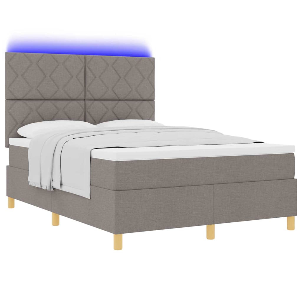 LED Box Spring Bed med hovedgærde Gråbrun 140 x 190 cm Stof