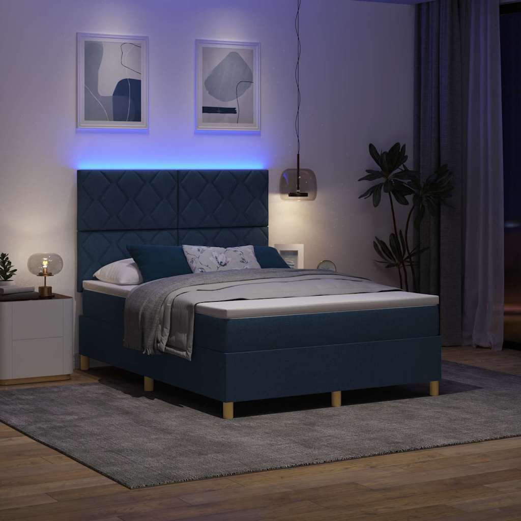 LED Box Spring Bed med hovedgærde Blå 140 x 190 cm Stof