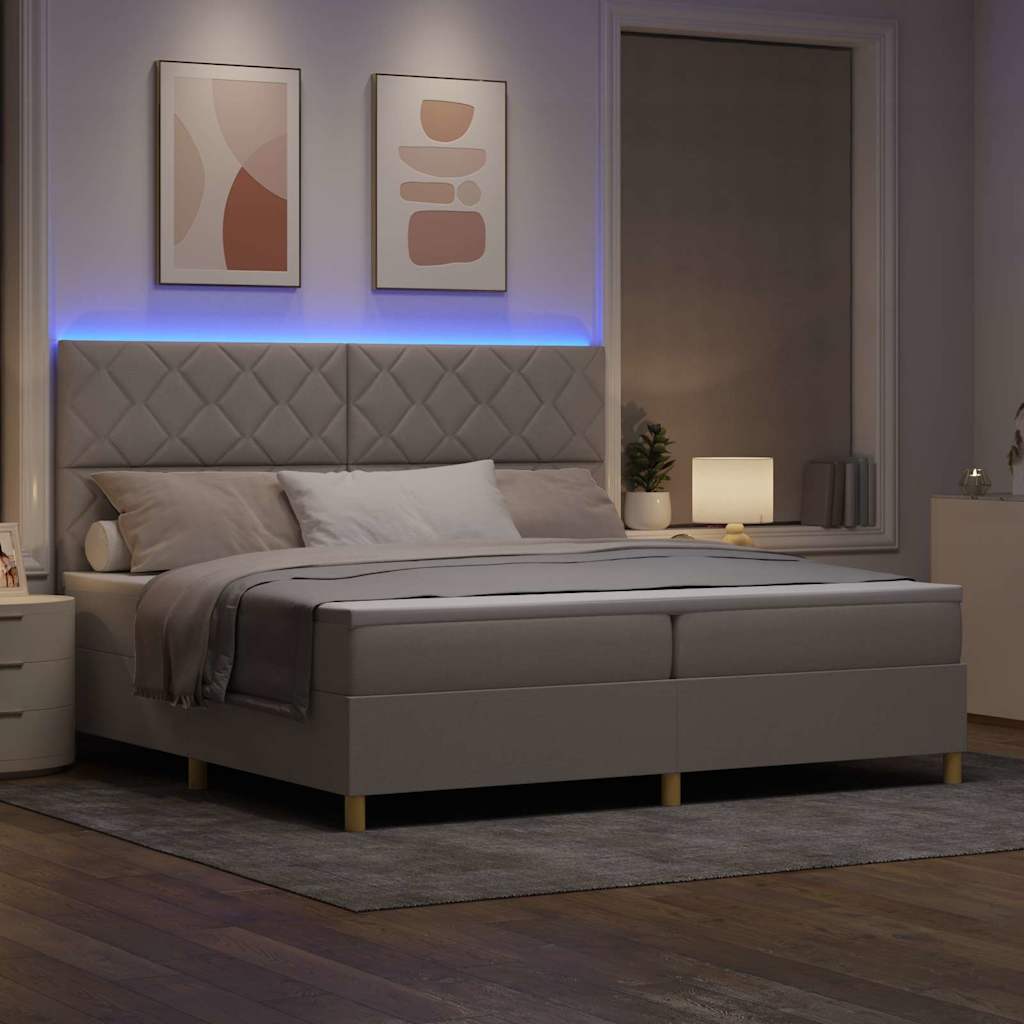 LED Box Spring Bed med hovedgærde Gråbrun 200 x 200 cm Stof