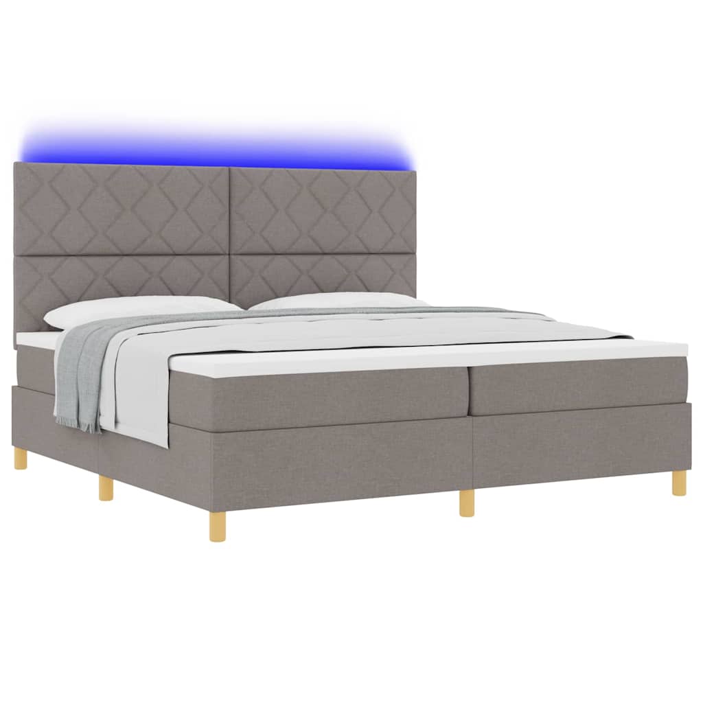 LED Box Spring Bed med hovedgærde Gråbrun 200 x 200 cm Stof