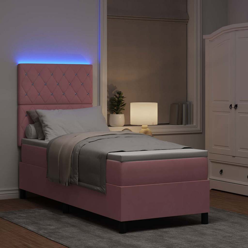 LED Box Spring Bed med madras Lyserød 80 x 200 cm Fløjl